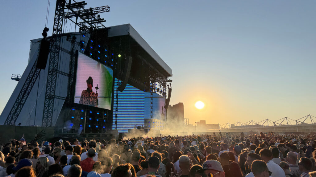 Crowd in front of sunset-soaked Silverworks Island stage